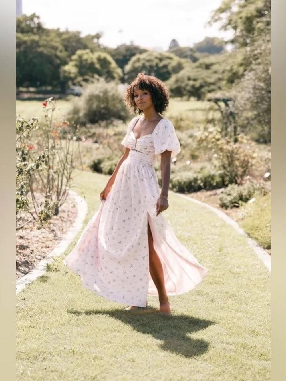 Women's Light Pink Floral Midi Dress with Side Slit